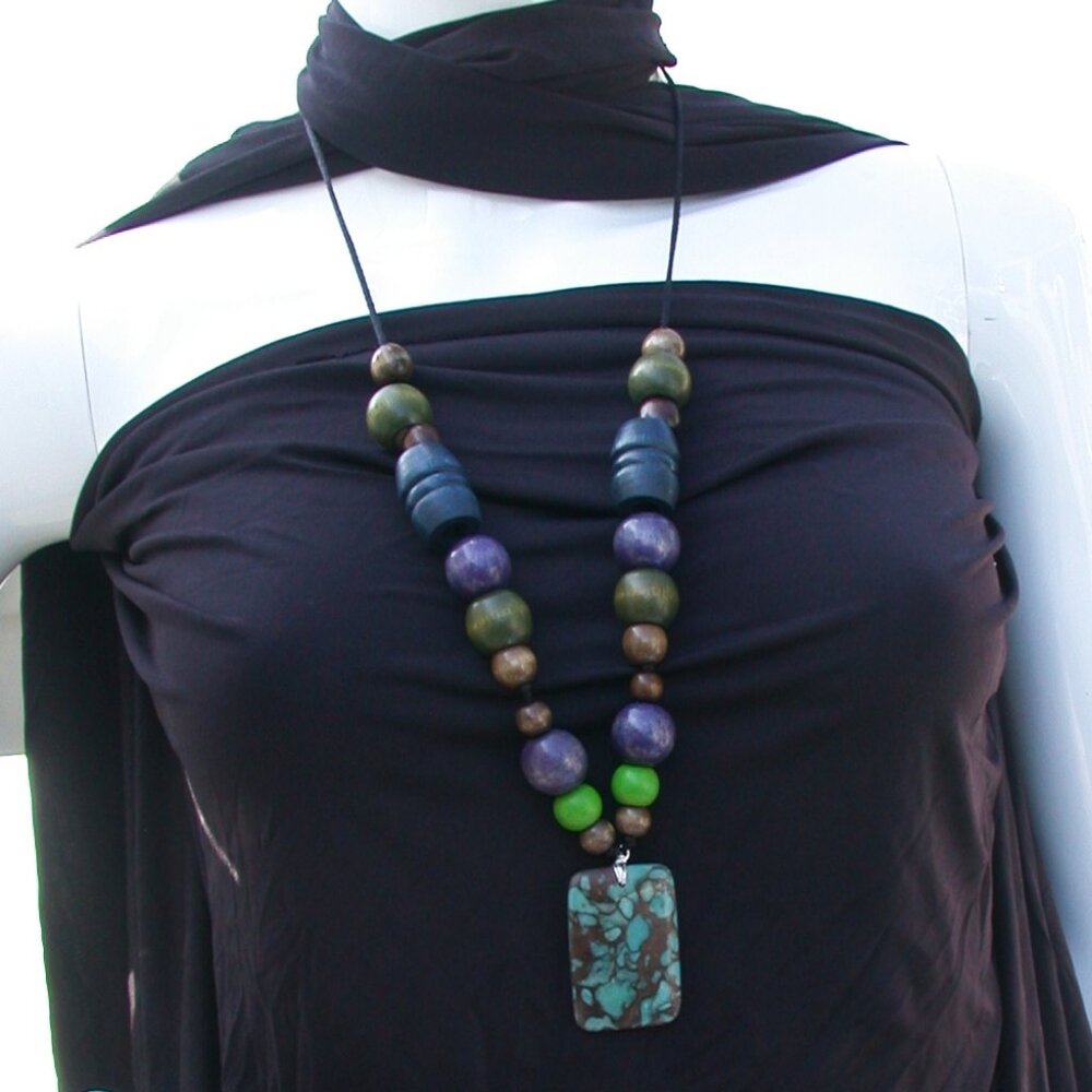 Handmade Aborigine Blue Jasper Stone and Wood Bead Necklace One Of A Kind